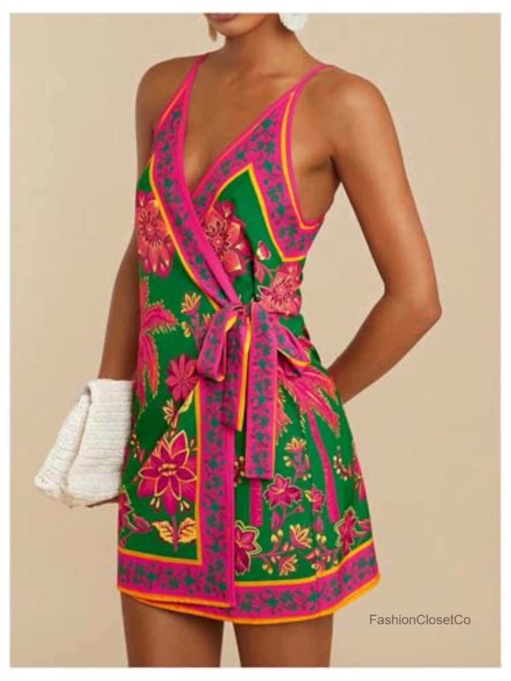 Satin Graphic Bow Tie Mini Wrap Dress Backless Spaghetti Strap - Picture 5 of 5